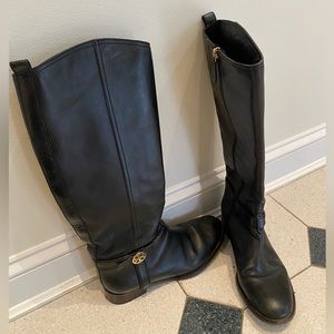 TORY BURCH | Riding Boot, Leather Zip-Up Boots | Black w Gold Hardware | Size 8